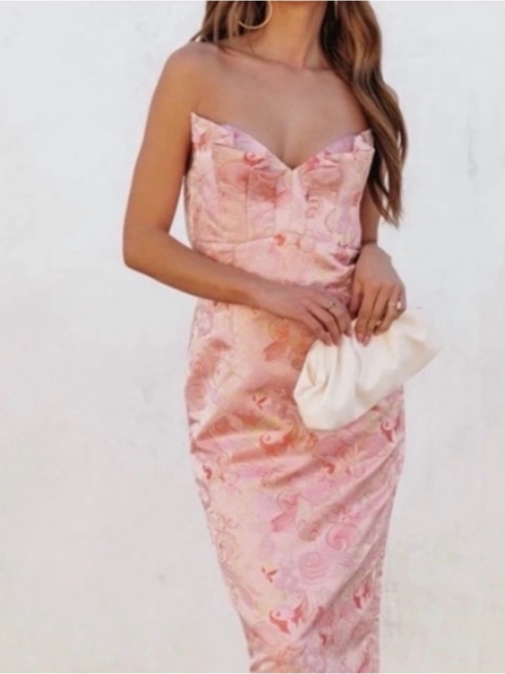 Vici Strapless Pink Jacquard Midi Dress